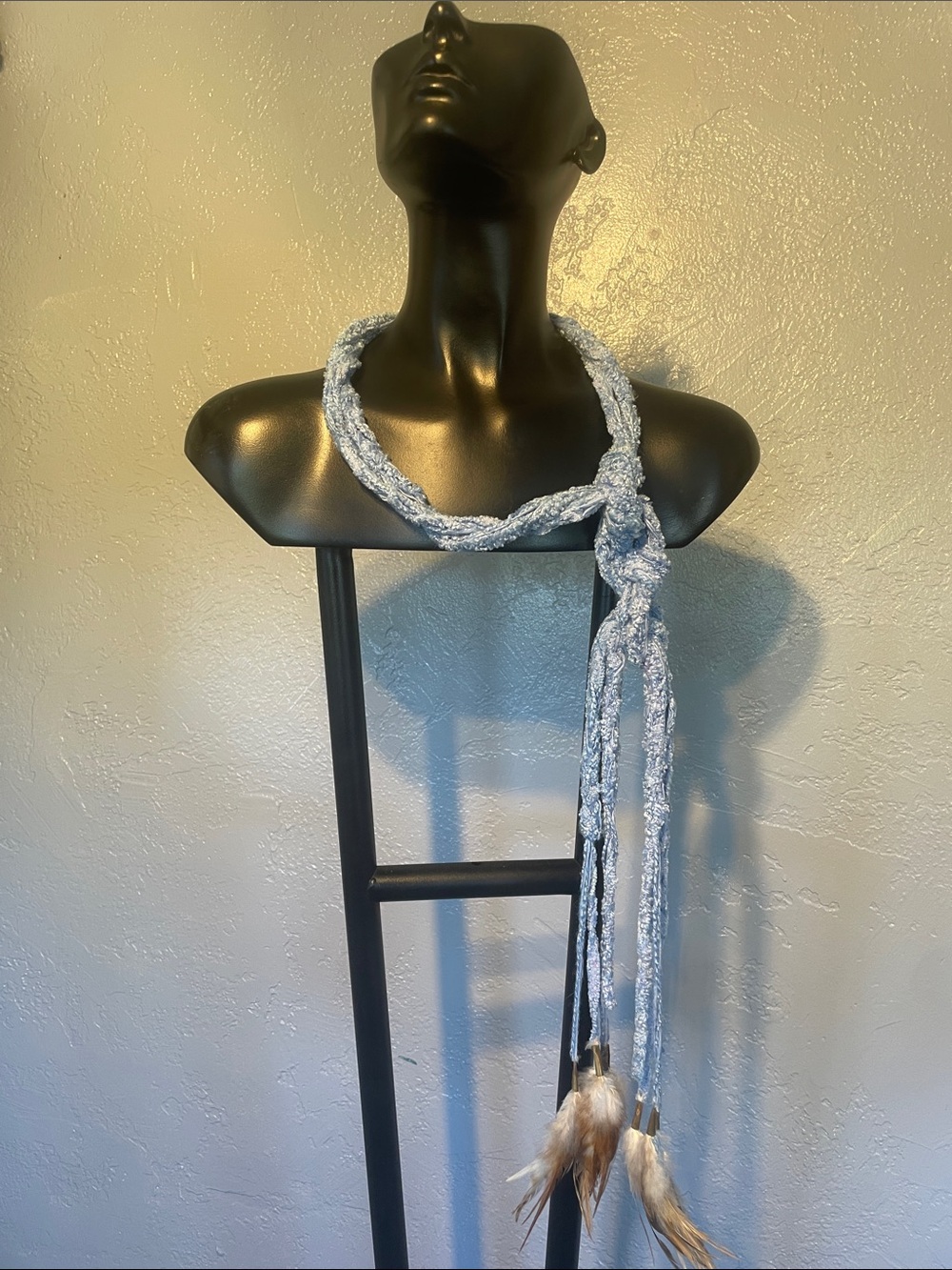 Light Blue Braided Necklace Scarf with Feather Tassels